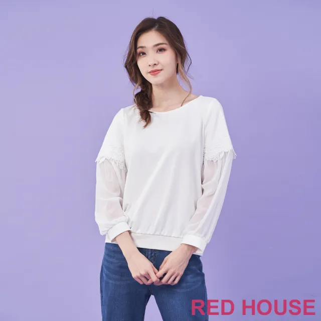 【RED HOUSE 蕾赫斯】花朵蕾絲點綴拼接袖上衣(白色)