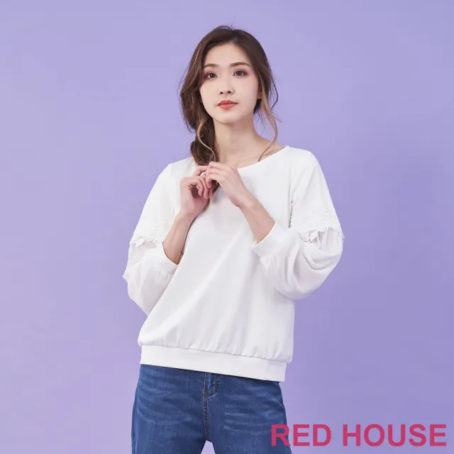 【RED HOUSE 蕾赫斯】花朵蕾絲點綴拼接袖上衣(白色)