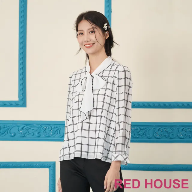 【RED HOUSE 蕾赫斯】綁帶蝴蝶結格紋上衣(白色)