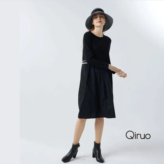 【Qiruo 奇若名品】厚棉質 雙層不規則 拼接 長袖黑色洋裝3056F 