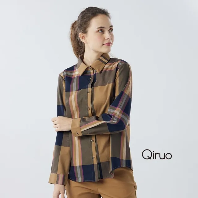 【Qiruo 奇若名品】棉質 鈕扣襯衫長袖格紋休閒襯衫4163A 