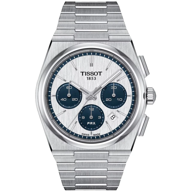 TISSOT 天梭 PRX系列 復古風酒桶型三眼計時機械錶-42mm/藍白 熊貓錶(T1374271101101)