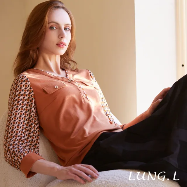 【LUNG.L 林佳樺】LQ31A橘色素面拼接印花袖假兩件七分袖女裝上衣(秋冬新品)
