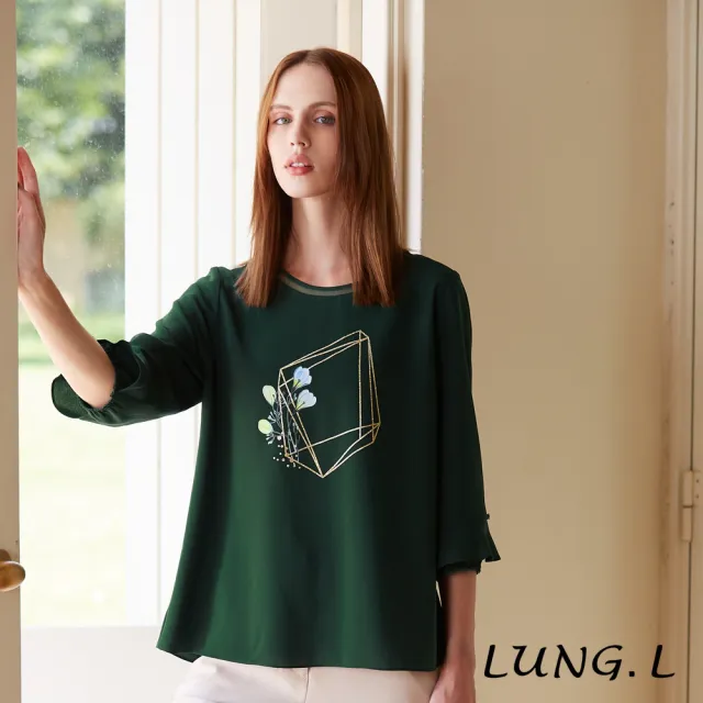 【LUNG.L 林佳樺】LQ92A綠色前片膠印造型袖口雪紡七分袖女裝上衣(秋冬新品)