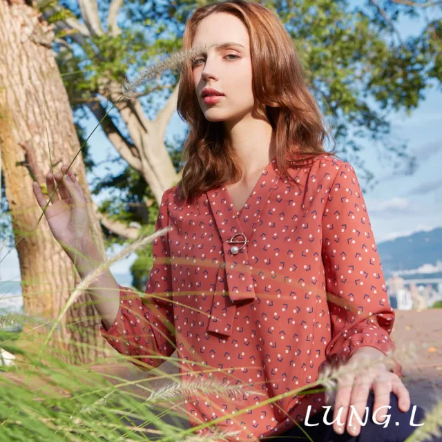 【LUNG.L 林佳樺】LQ51A橘色印花前領巾裝飾七分袖女裝上衣(秋冬新品)