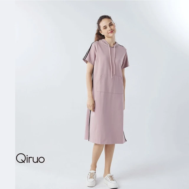 Qiruo 奇若名品 春夏專櫃粉色短袖連帽洋裝3025F 側邊雙線設計(M-2XL)