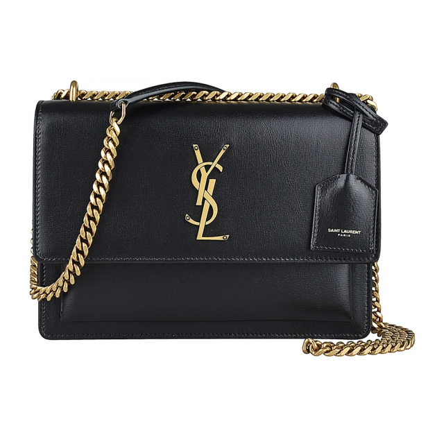 YSL YSL SAINT LAURENT SUNSET LOGO翻蓋釦式牛皮鏈帶肩背斜背包(黑)