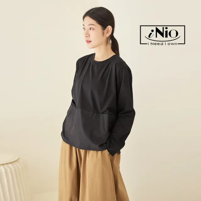 【iNio 衣著美學】長袖上衣 現貨 秋冬新品 口袋拼接 蝴蝶結綁背 長袖棉T(CDW1757)