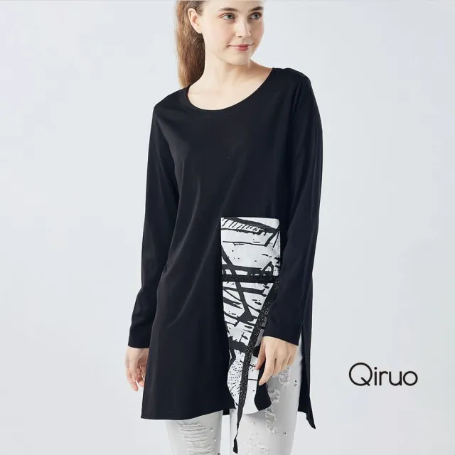 【Qiruo 奇若名品】棉質 U領長版遮臀 雙開叉黑色上衣2129A 