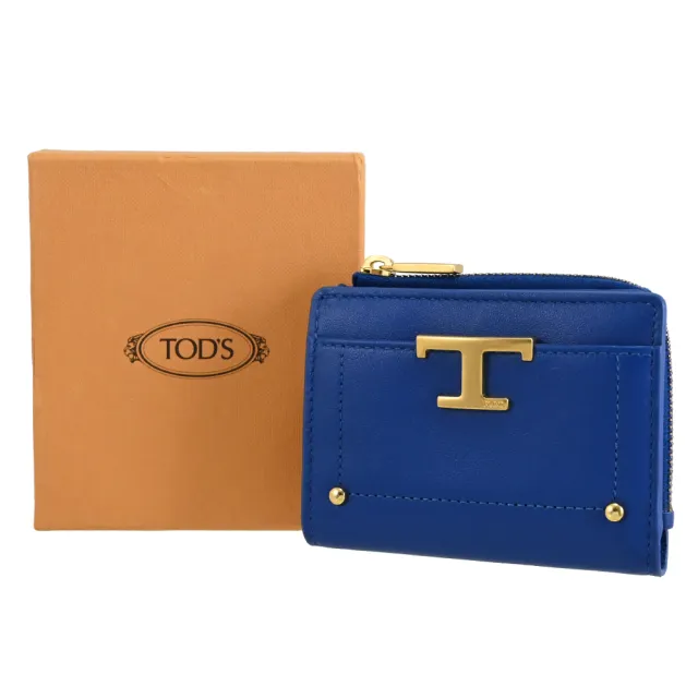 【TOD’S】TODS T Timeless 金屬T LOGO小牛皮扣式零錢短夾(寶藍)