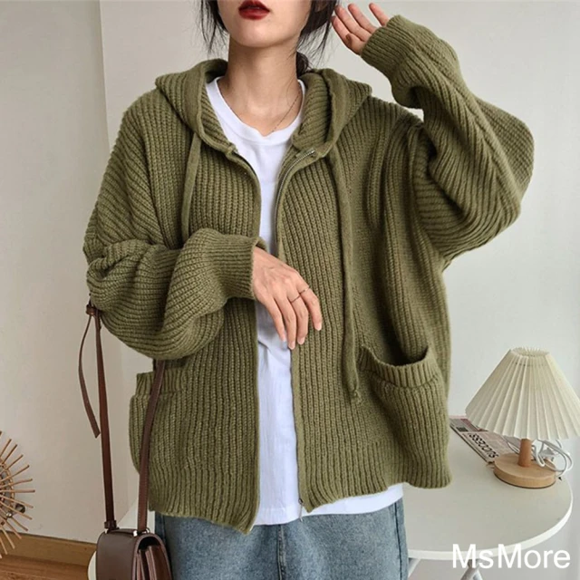 MsMore 大碼韓款長袖毛衣厚圍脖兩件套百搭寬鬆V領針織衫