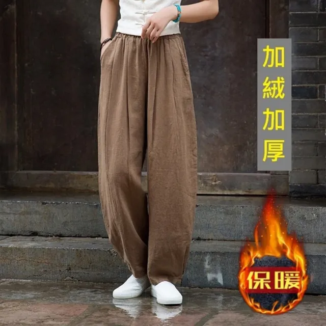 【米蘭精品】現貨+預購 休閒褲棉麻長褲(冬季砂洗加絨加厚苧麻女褲子5色74in10)
