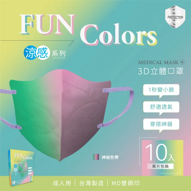 【HC浩城-Fun Colors 漸層版 3D涼感口罩-任選3盒組(30片)】-單片包裝- KN95(1秒變小臉 台灣製造 醫療級)