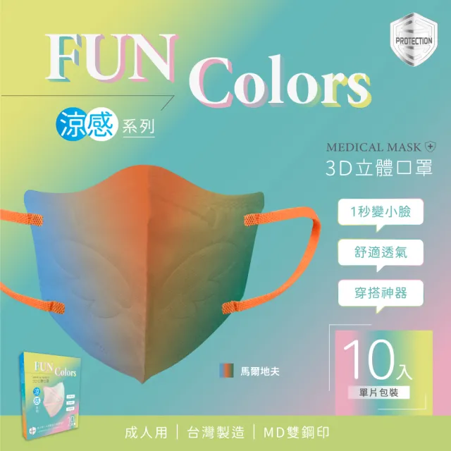 【HC浩城-Fun Colors 漸層版 3D涼感口罩-任選3盒組(30片)】-單片包裝- KN95(1秒變小臉 台灣製造 醫療級)