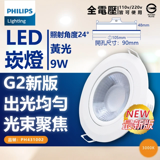 Philips 飛利浦 2入組 LED崁燈 RS100B 9W 全電壓 9.5cm 嵌燈(白光/自然光/黃光)