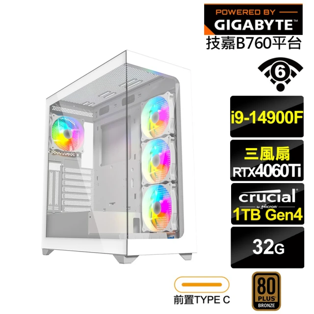 技嘉平台技嘉平台 i9廿四核心GeForce RTX 4060TI{嘯栗鳶K46C}電競電腦(i9-14900F/B760/32G/1TB/WIFI)