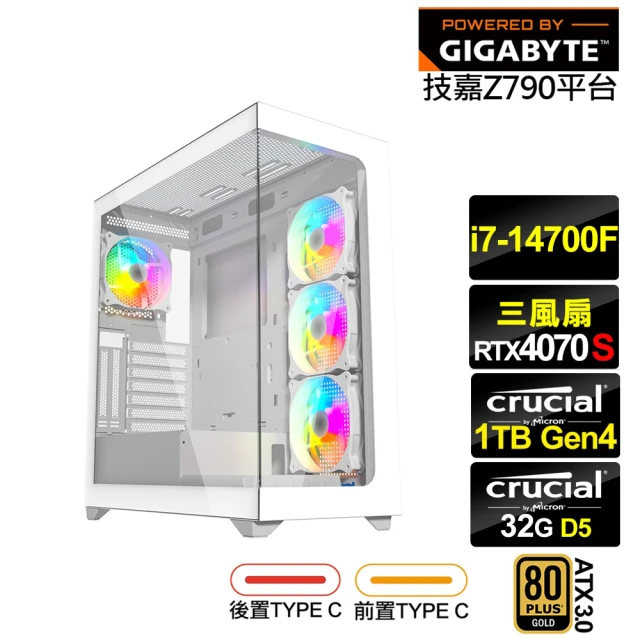 技嘉平台 i7廿核RTX 4070 SUPER{埃癸斯L85C}電競電腦(i7-14700F/Z790/32G D5/1TB)