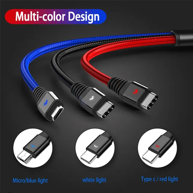 【Bill Case】第二代三色LED燈一統三國USB三合一Lightning USB C Micro快速充電線120公分(一條抵三條)