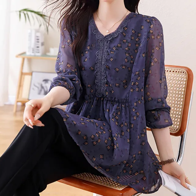 【麗質達人】8083紫色碎花長袖上衣-AA(L-5XL)