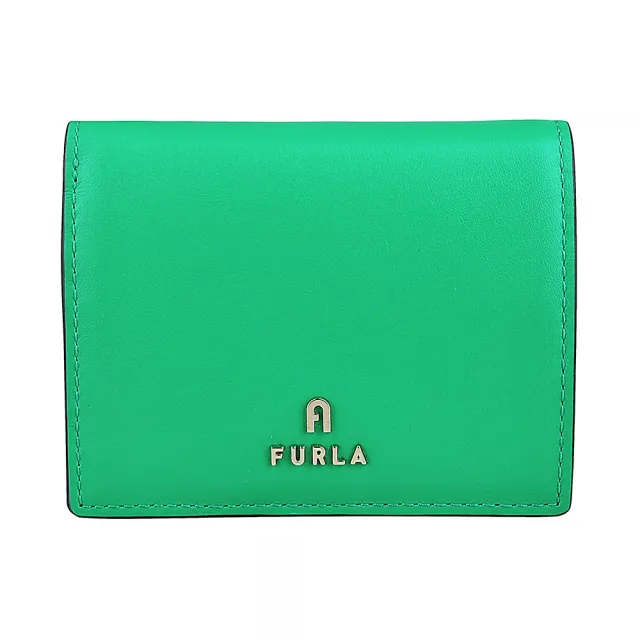 【FURLA 芙拉】FURLA Camelia立體字LOGO小牛皮4卡按釦式對開短夾(小/綠)
