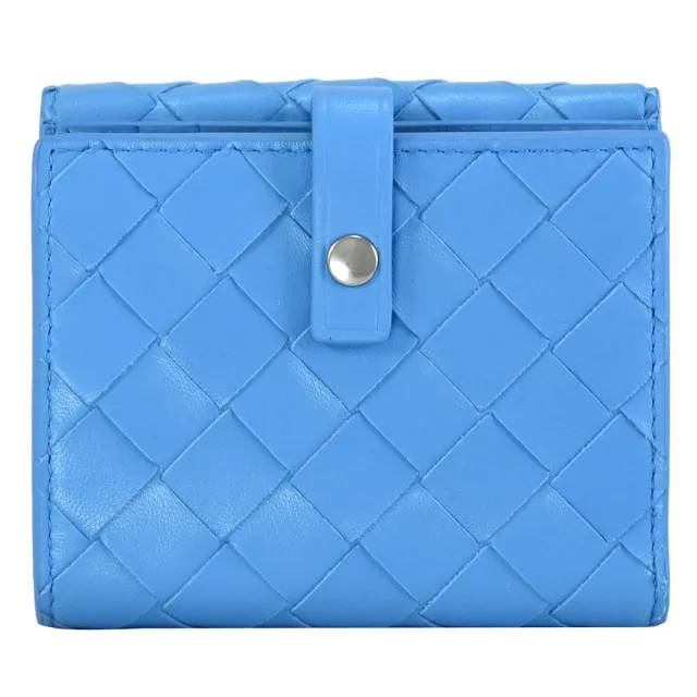 【BOTTEGA VENETA 寶緹嘉】簡約經典手工編織羊皮牛皮拼接雙面扣式零錢短夾(天藍)