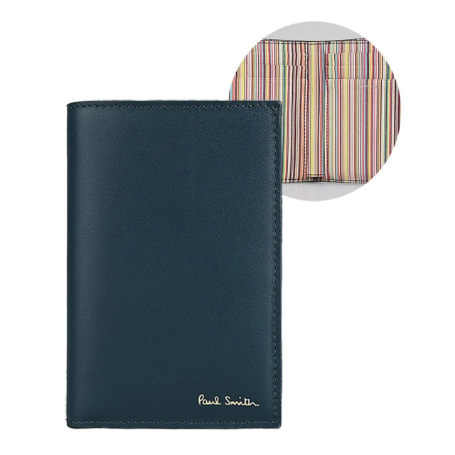 Paul Smith Paul Smith 燙金LOGO內裡採色條紋滑面牛皮直立式6卡短夾(深藍x內彩色條紋)