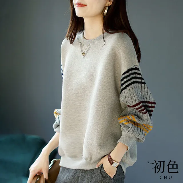【初色】圓領寬鬆條紋針織休閒長袖T恤上衣女上衣-灰色-30490(M-2XL可選)