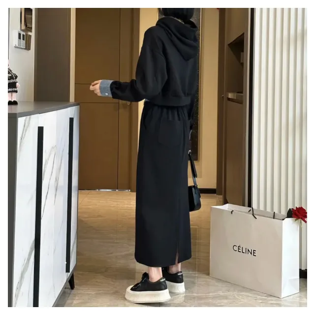 【ASister 小姊姊】AS0842#中大尺碼洋裝/套裝☆*拼接牛仔*連帽抽繩外套+半身裙裙裝(2色 M-5XL)