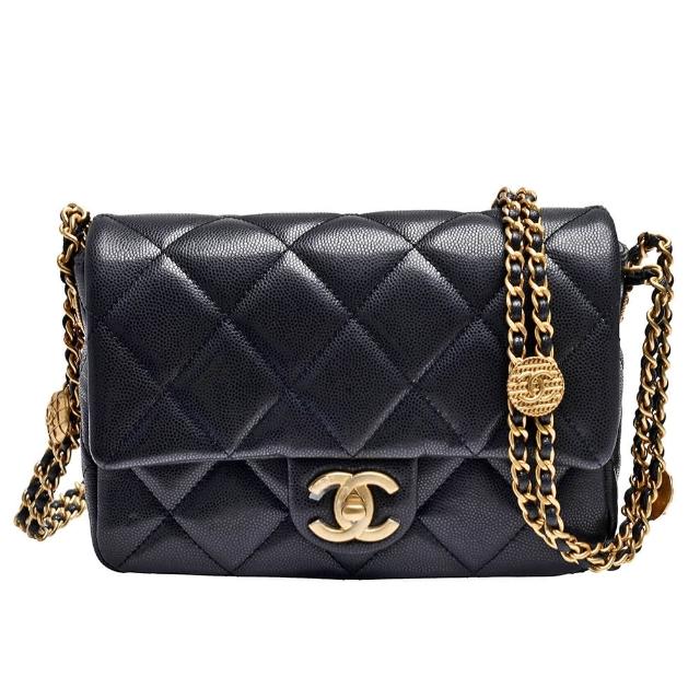 【CHANEL 香奈兒】經典仿舊雙C LOGO菱格粒紋牛皮轉釦雙鍊斜背包(大-黑色AS3369C-BLK-GPN)