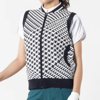 【LE COQ SPORTIF 公雞】高爾夫系列 女款藏青色全拉鍊式千鳥格格紋針織背心QLU6J550