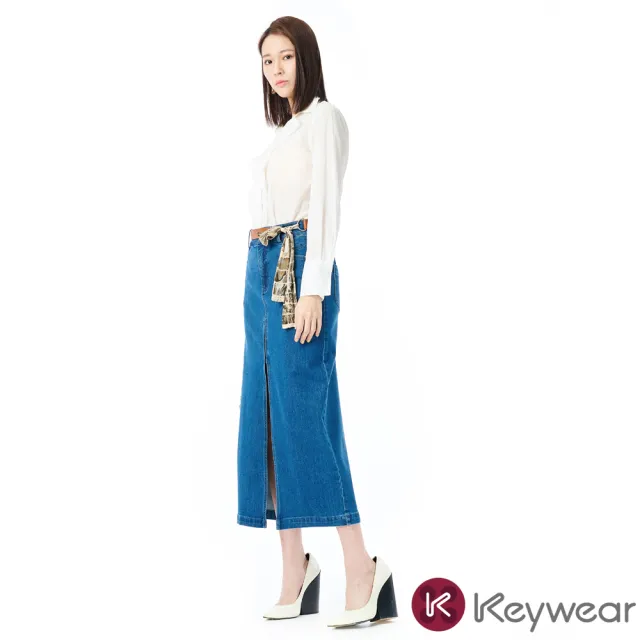 【KeyWear 奇威名品】冰涼高衩牛仔長裙