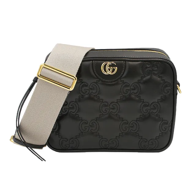 【GUCCI 古馳】經典GG絎縫MATELASSE菱革紋皮革雙背帶 肩背/斜背包(黑色)