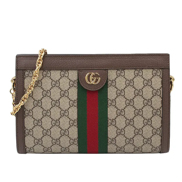 【GUCCI 古馳】經典Ophidia系列GG帆布印花皮革飾邊磁釦開口手拿/肩斜背鍊包(卡其/棕)