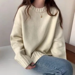 【D.studio】韓版寬鬆慵懶風圓領毛衣(針織上衣長袖上衣女裝長袖t恤發熱衣保暖上衣冬裝內刷毛 W527)