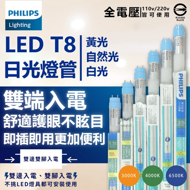 Philips 飛利浦 20入/箱 T8 LED 燈管 4尺 18.5W 全電壓 雙端入電 日光燈管(黃光/自然光/白光)