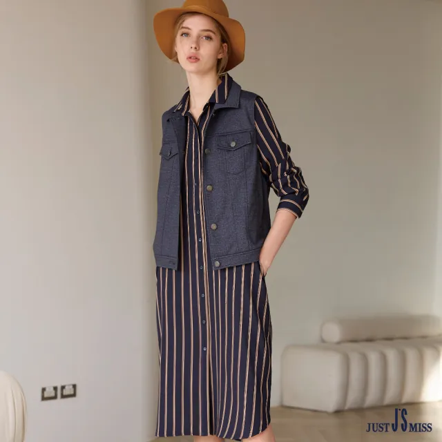 【Just J’S Miss】長版條紋撞色長袖襯衫