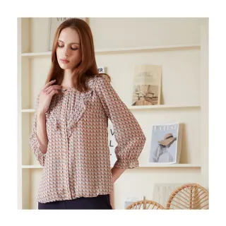 【LUNG.L 林佳樺】LQ64A粉橘色滿版印花荷葉領雪紡七分袖女裝上衣(秋冬新品)