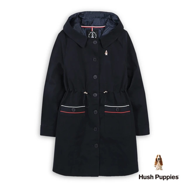 Hush Puppies 女裝 外套 品牌織帶開襟長版連帽外套(深藍 / 44217203)