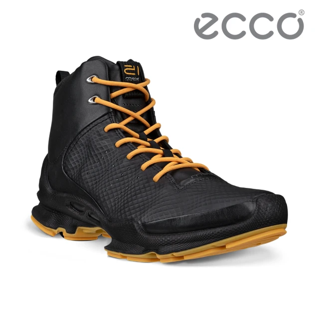 ecco BIOM C W 健步自然律動高筒皮革運動鞋 女鞋(黑色/芒果黃 80034361092)