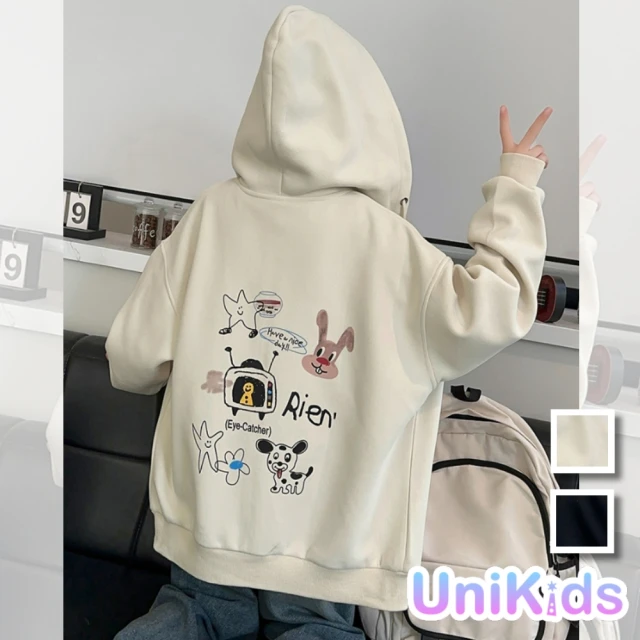 UniKids 中大童裝長袖連帽外套 個性塗鴉夾克 CVCJ7725(黑 米白)