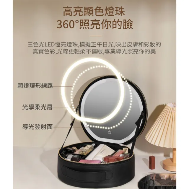 【ANTIAN】大容量便攜手提LED補光燈鏡子化妝包 化妝品收納包 旅行洗漱化妝盒 美妝鏡