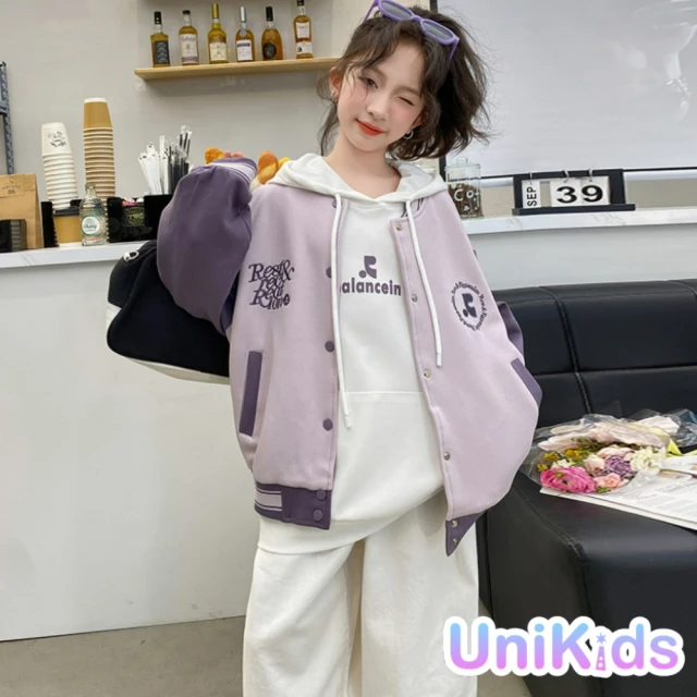 UniKids 中大童裝長袖外套 甜酷字母棒球服夾克 CVFS99019(紫外套)