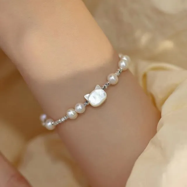 【勝弘珠寶】白貝貓咪碎銀配珍珠手鍊