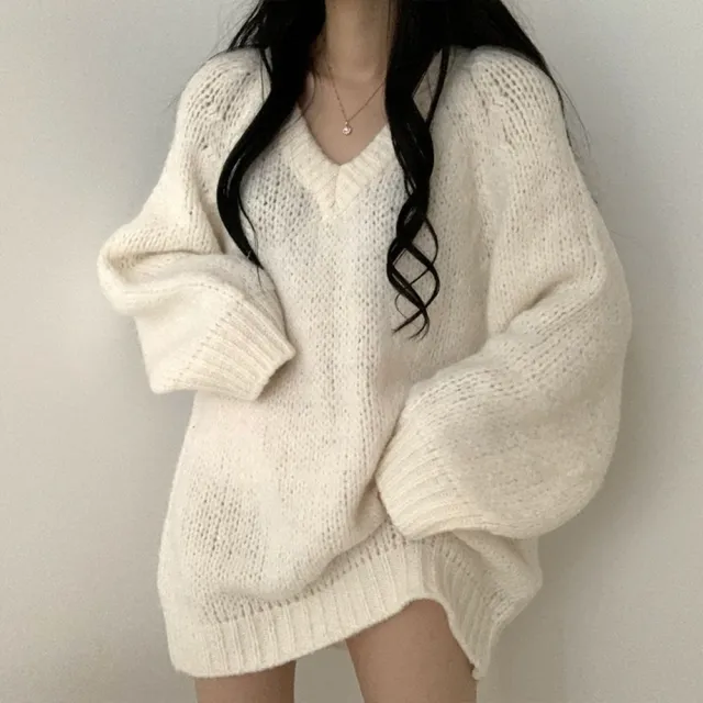 【D.studio】韓版氣質V領慵懶風長版毛衣(針織上衣長袖上衣女裝衣服長袖t恤發熱衣保暖上衣冬裝 W514)