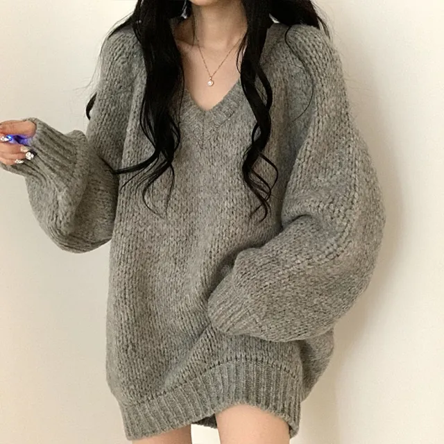 【D.studio】韓版氣質V領慵懶風長版毛衣(針織上衣長袖上衣女裝衣服長袖t恤發熱衣保暖上衣冬裝 W514)