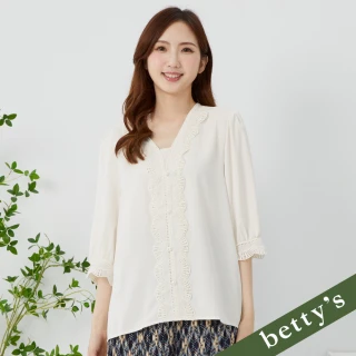 【betty’s 貝蒂思】V領蕾絲壓線五分袖雪紡上衣(米白)