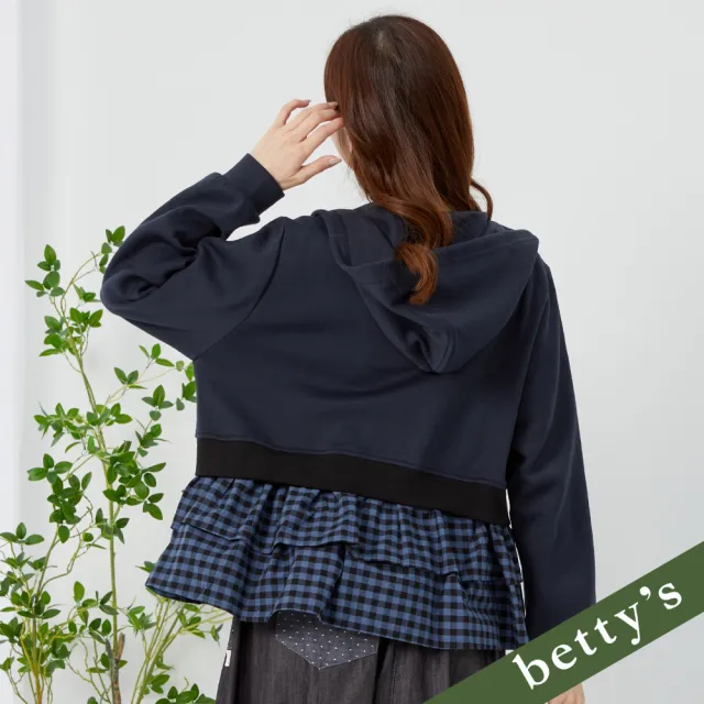 【betty’s 貝蒂思】出清品  愛心星球刺繡格紋拼接連帽外套(深藍)