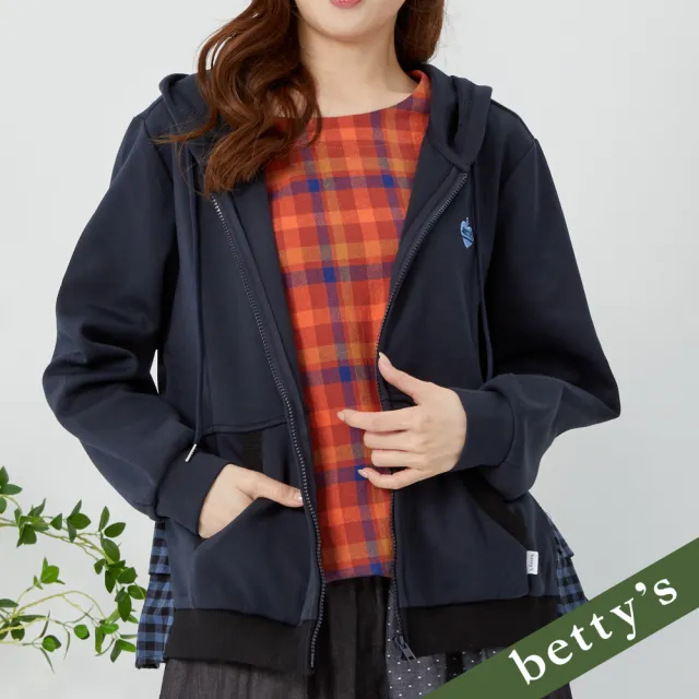 【betty’s 貝蒂思】出清品  愛心星球刺繡格紋拼接連帽外套(深藍)
