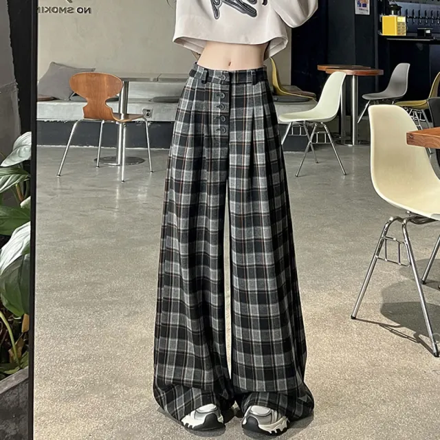 【MsMore】復古港風格子呢大闊腿褲寬鬆慵懶風排扣闊腿拖地遛彎長褲#123454(黑/紅/藍)
