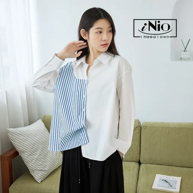 【iNio 衣著美學】長袖上衣 秋冬新品 現貨 條紋拼接 翻領 長袖襯衫(CDW1753)